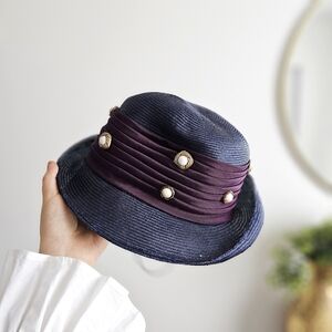 Vintage Whitall & Shon Elegant Straw Navy and Purple Women's Hat Pearls Accents